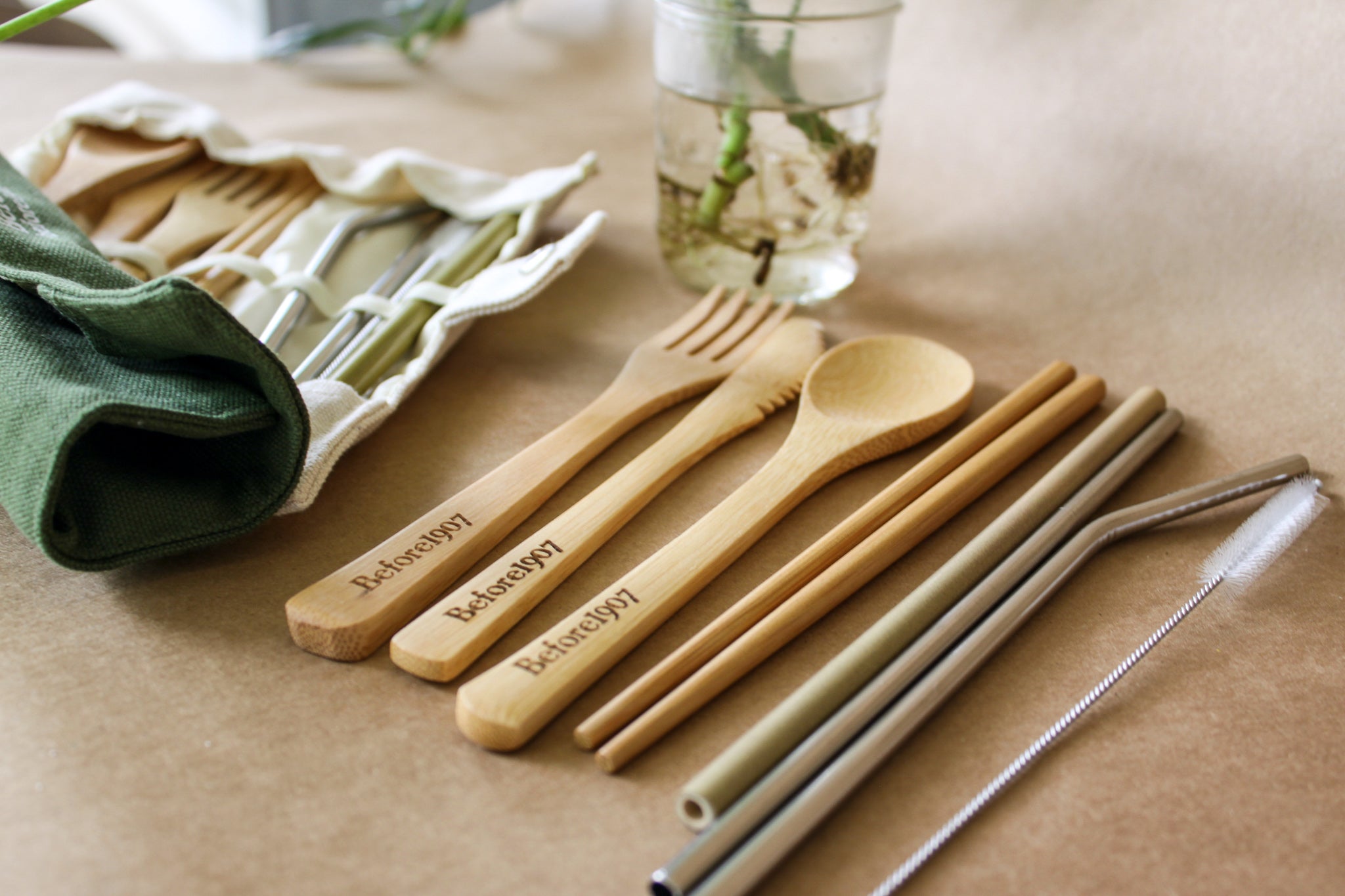 Bamboo cutlery and reusable straw as sustainable options to reduce plastic waste